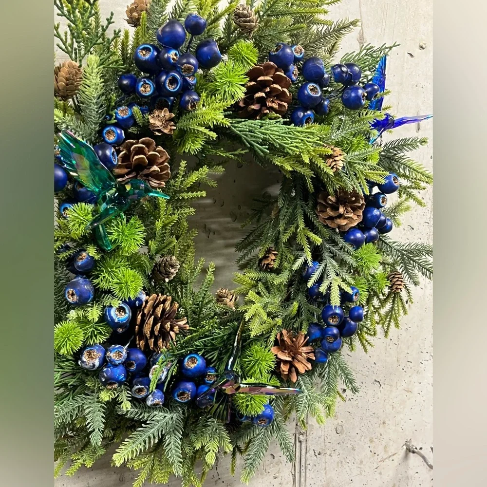 Hand Crafted Mixed Pine Blueberry Hummingbird Wreath Natural Touch Pine 18” Dia
